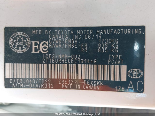 Продажа на аукционе авто 2014 Toyota Corolla, vin: 2T1BURHE0EC191448, номер лота: 12603697