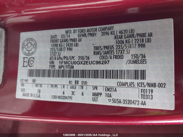 12603698 :رقم المزاد ، 1FMCU0GX2EUC96297 vin ، 2014 Ford Escape Se مزاد بيع