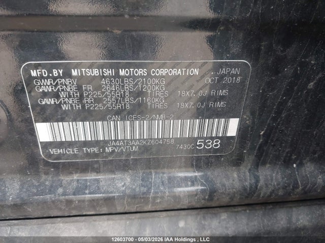 Aukcja sprzedaży 2019 Mitsubishi Eclipse Cross Es, vin: JA4AT3AA2KZ604758, numer aukcji: 12603700