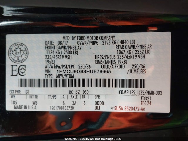 1FMCU9G98HUE79665 Ford Escape
