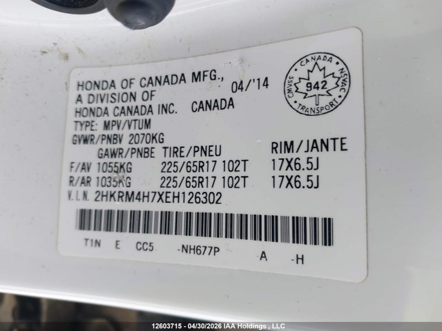 2HKRM4H7XEH126302 Honda Cr-v Ex-l