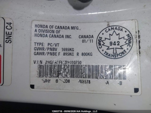 Продаж на аукціоні авто 2011 Honda Civic, vin: 2HGFA1F62BH010750, номер лоту: 12603716