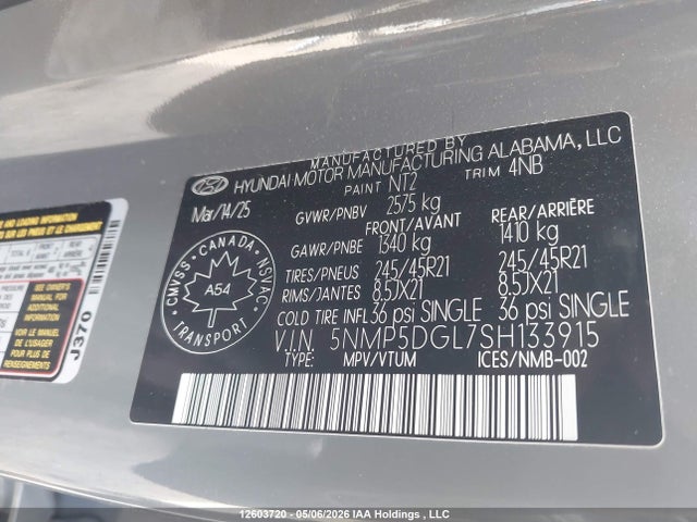 5NMP5DGL7SH133915 Hyundai Santa Fe Ultimate Calligraphy