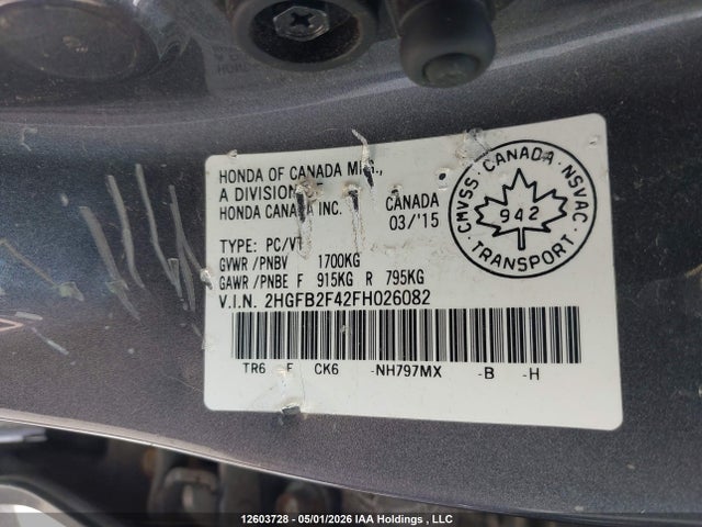 Продажа на аукционе авто 2015 Honda Civic Lx, vin: 2HGFB2F42FH026082, номер лота: 12603728
