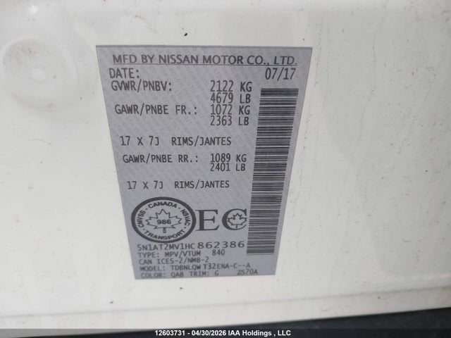 Продаж на аукціоні авто 2017 Nissan Rogue Sv/sl, vin: 5N1AT2MV1HC862386, номер лоту: 12603731