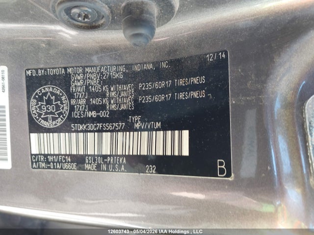 2015 Toyota Sienna Le 8 Passenger მანქანა იყიდება აუქციონზე, vin: 5TDKK3DC7FS567577, აუქციონის ნომერი: 12603743