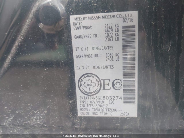 5N1AT2MV5GC803274 Nissan Rogue S/sl Premium/sv