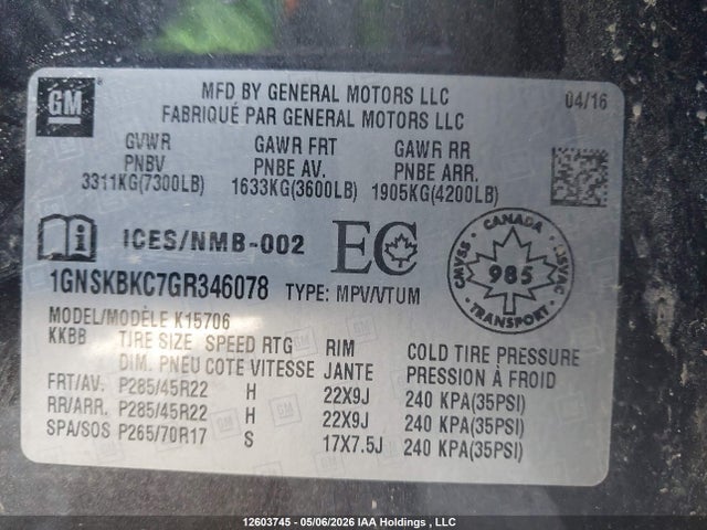 Продажа на аукционе авто 2016 Chevrolet Tahoe Lt, vin: 1GNSKBKC7GR346078, номер лота: 12603745
