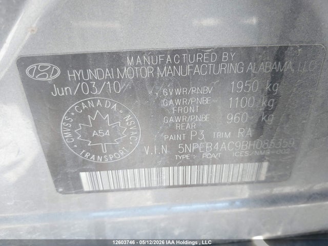 2011 Hyundai Sonata Gl/gls მანქანა იყიდება აუქციონზე, vin: 5NPEB4AC9BH085359, აუქციონის ნომერი: 12603746