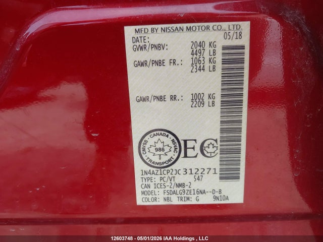 Aukcja sprzedaży 2018 Nissan Leaf S/sv/sl, vin: 1N4AZ1CP2JC312271, numer aukcji: 12603748