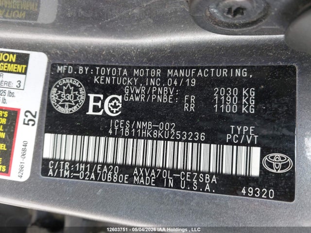 12603751 :رقم المزاد ، 4T1B11HK8KU253236 vin ، 2019 Toyota Camry Se مزاد بيع
