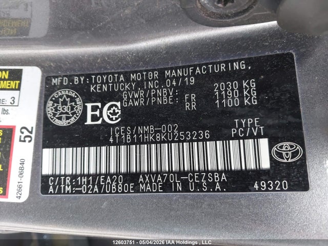 12603751 :رقم المزاد ، 4T1B11HK8KU253236 vin ، 2019 Toyota Camry Se مزاد بيع