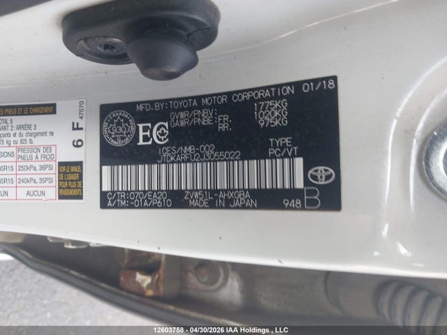 12603758 :رقم المزاد ، JTDKARFU2J3055022 vin ، 2018 Toyota Prius Technology مزاد بيع