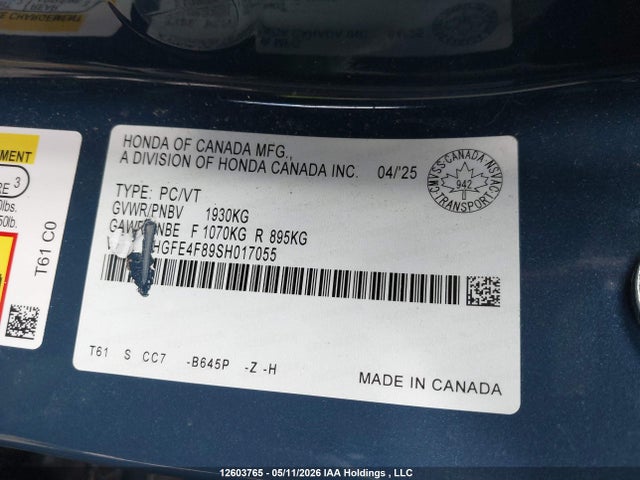 Продаж на аукціоні авто 2025 Honda Civic Hybrid Sport/sport Touring, vin: 2HGFE4F89SH017055, номер лоту: 12603765