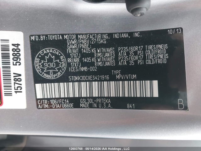 Продажа на аукционе авто 2014 Toyota Sienna, vin: 5TDKK3DCXES421916, номер лота: 12603768