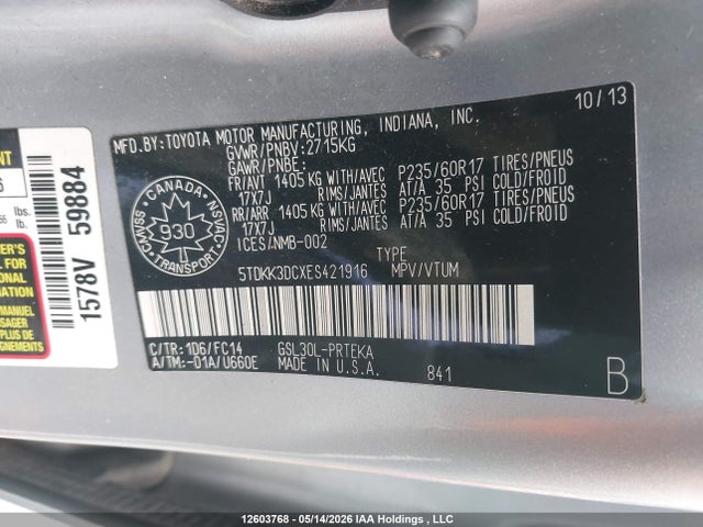 Продажа на аукционе авто 2014 Toyota Sienna, vin: 5TDKK3DCXES421916, номер лота: 12603768