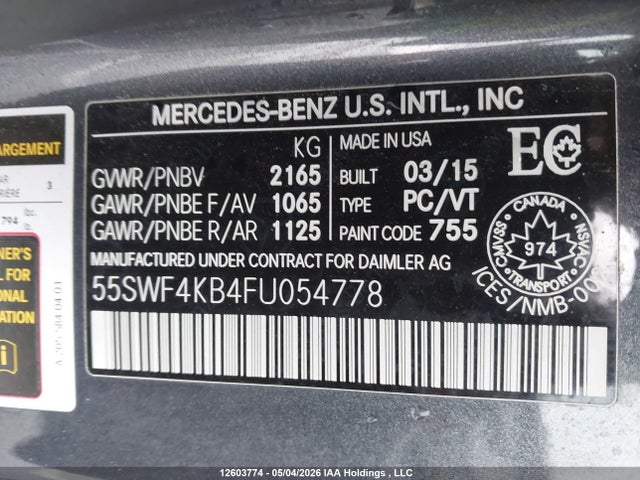 12603774 :رقم المزاد ، 55SWF4KB4FU054778 vin ، 2015 Mercedes-benz C 300 4matic مزاد بيع