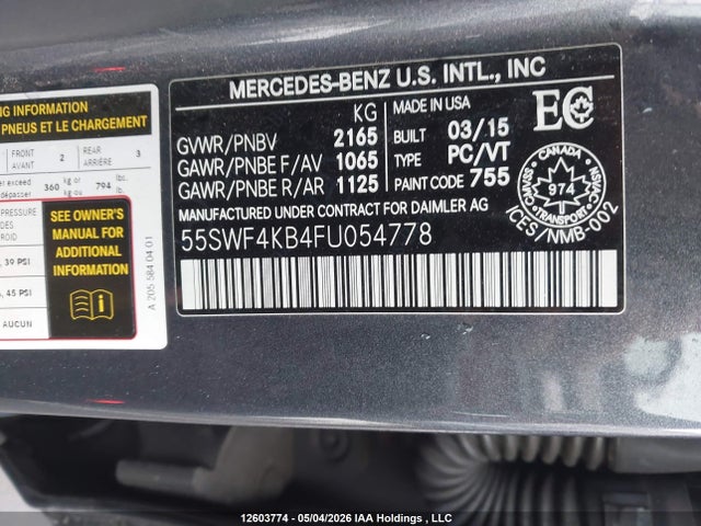 12603774 :رقم المزاد ، 55SWF4KB4FU054778 vin ، 2015 Mercedes-benz C 300 4matic مزاد بيع