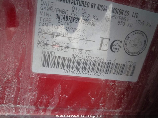 12603785 :رقم المزاد ، 3N1AB7AP2KY290630 vin ، 2019 Nissan Sentra S/sv/sr/sl مزاد بيع