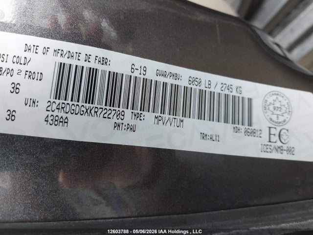 12603788 :رقم المزاد ، 2C4RDGDGXKR722709 vin ، 2019 Dodge Grand Caravan Crew مزاد بيع
