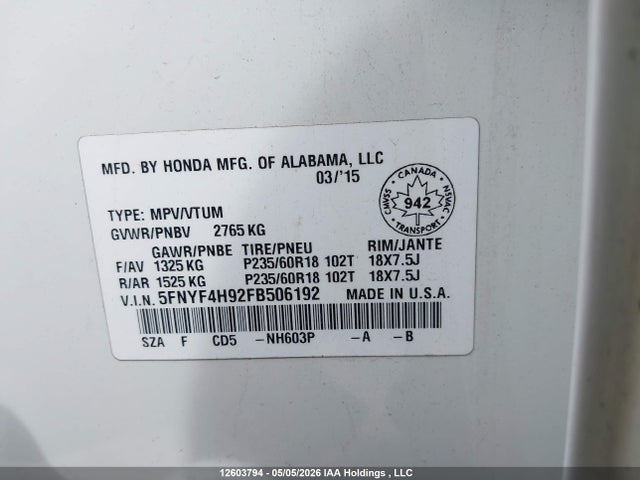2015 Honda Pilot Touring მანქანა იყიდება აუქციონზე, vin: 5FNYF4H92FB506192, აუქციონის ნომერი: 12603794
