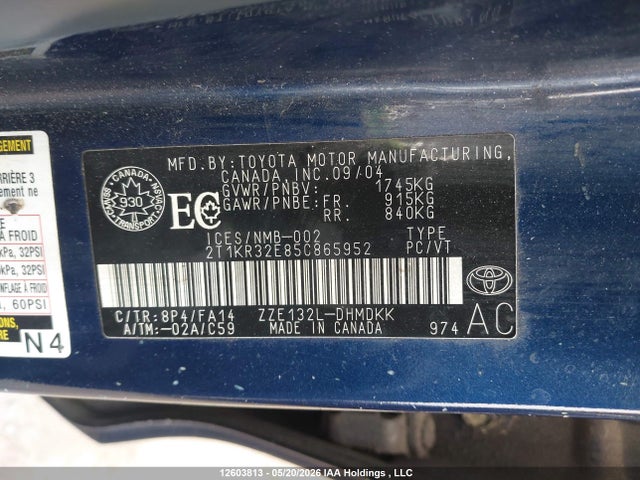 Aukcja sprzedaży 2005 Toyota Corolla Matrix Xr, vin: 2T1KR32E85C865952, numer aukcji: 12603813