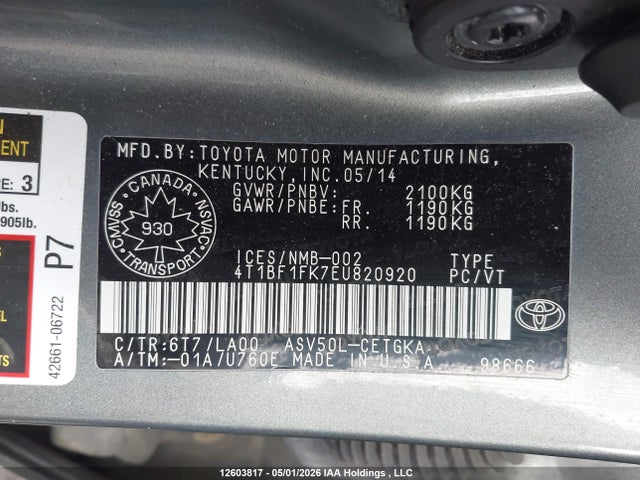 Продаж на аукціоні авто 2014 Toyota Camry Xle, vin: 4T1BF1FK7EU820920, номер лоту: 12603817