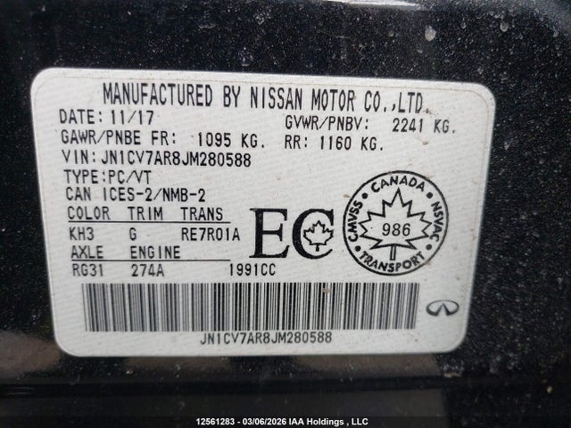 12561283 :رقم المزاد ، JN1CV7AR8JM280588 vin ، 2018 Infiniti Q50 2.0t Luxe مزاد بيع
