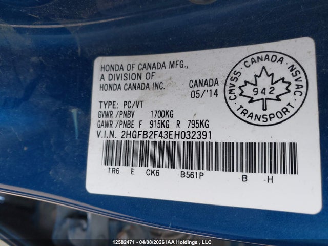 12582471 :رقم المزاد ، 2HGFB2F43EH032391 vin ، 2014 Honda Civic Lx مزاد بيع