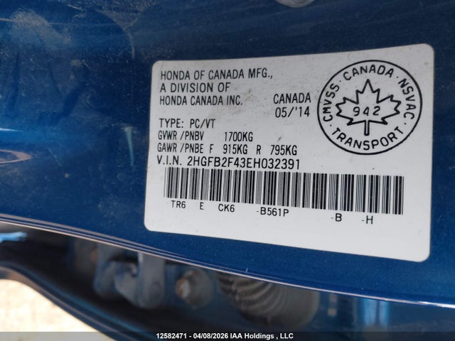 12582471 :رقم المزاد ، 2HGFB2F43EH032391 vin ، 2014 Honda Civic Lx مزاد بيع