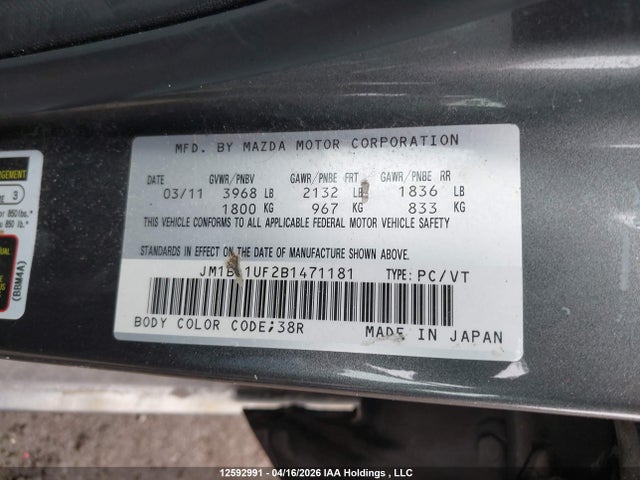 Продажа на аукционе авто 2011 Mazda Mazda3 Gx, vin: JM1BL1UF2B1471181, номер лота: 12592991