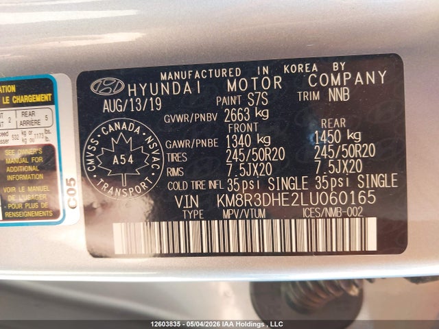 2020 Hyundai Palisade მანქანა იყიდება აუქციონზე, vin: KM8R3DHE2LU060165, აუქციონის ნომერი: 12603835