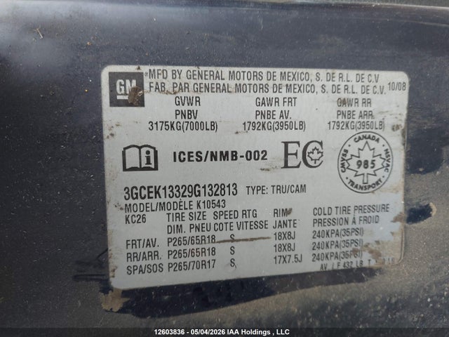 2009 Chevrolet Silverado K1500 მანქანა იყიდება აუქციონზე, vin: 3GCEK13329G132813, აუქციონის ნომერი: 12603836