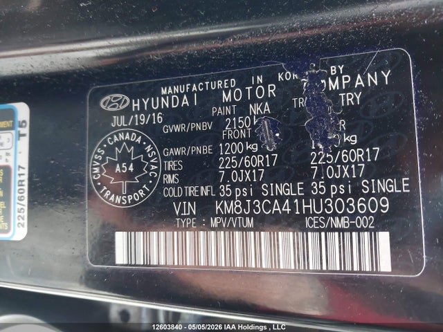 Продаж на аукціоні авто 2017 Hyundai Tucson, vin: KM8J3CA41HU303609, номер лоту: 12603840
