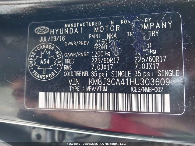 Продаж на аукціоні авто 2017 Hyundai Tucson, vin: KM8J3CA41HU303609, номер лоту: 12603840