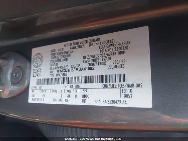 1FMCU9H60MUA41592 Ford ESCAPE SEL