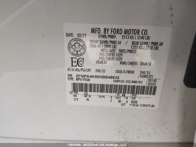 Продажа на аукционе авто 2017 Ford Edge Titanium, vin: 2FMPK4K95HBB48632, номер лота: 12603849