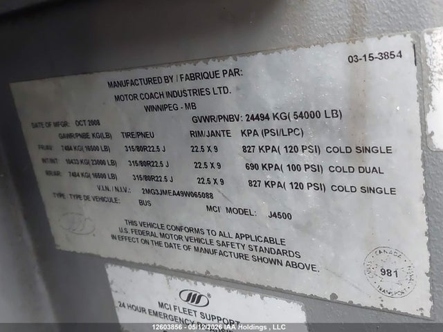 Продажа на аукционе авто 2009 Motor Coach Industries Transit Bus, vin: 2MG3JMEA49W065088, номер лота: 12603856