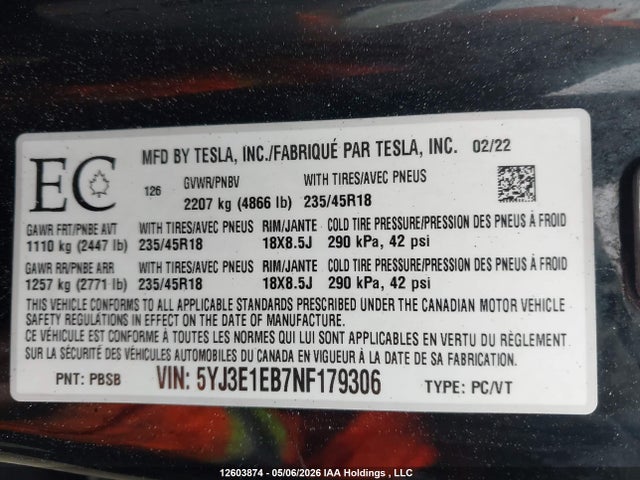 12603874 :رقم المزاد ، 5YJ3E1EB7NF179306 vin ، 2022 Tesla Model 3 Long Range مزاد بيع
