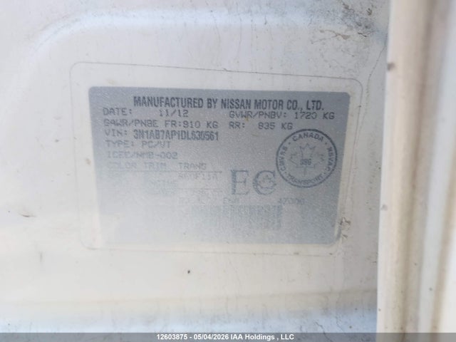 2013 Nissan Sentra მანქანა იყიდება აუქციონზე, vin: 3N1AB7AP1DL630561, აუქციონის ნომერი: 12603875