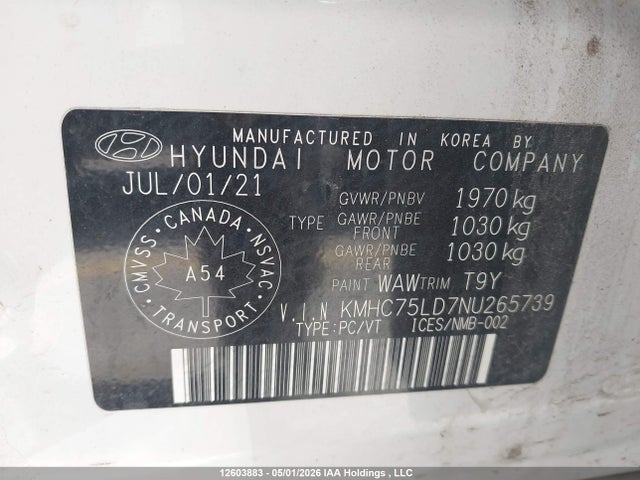 2022 Hyundai Ioniq Plug-in Hybrid Ultimate მანქანა იყიდება აუქციონზე, vin: KMHC75LD7NU265739, აუქციონის ნომერი: 12603883