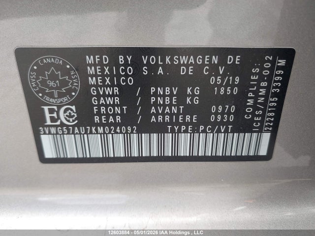 2019 Volkswagen Golf მანქანა იყიდება აუქციონზე, vin: 3VWG57AU7KM024092, აუქციონის ნომერი: 12603884