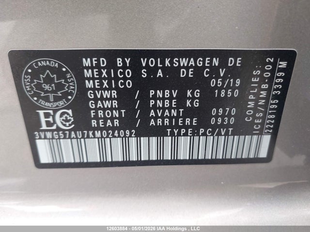 2019 Volkswagen Golf მანქანა იყიდება აუქციონზე, vin: 3VWG57AU7KM024092, აუქციონის ნომერი: 12603884