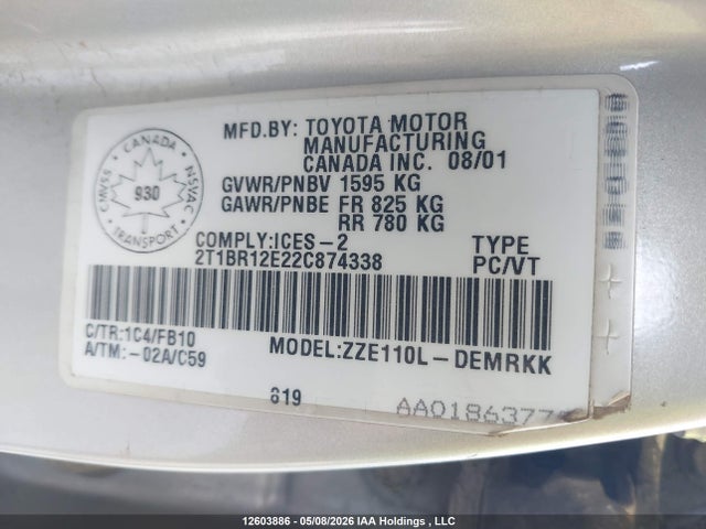 12603886 :رقم المزاد ، 2T1BR12E22C874338 vin ، 2002 Toyota Corolla Ce/le/sport مزاد بيع