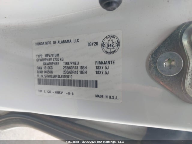 2020 Honda Odyssey Ex მანქანა იყიდება აუქციონზე, vin: 5FNRL6H48LB505010, აუქციონის ნომერი: 12603888