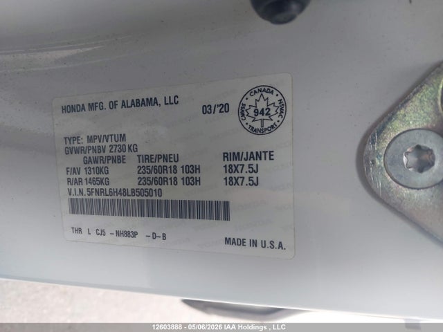 2020 Honda Odyssey Ex მანქანა იყიდება აუქციონზე, vin: 5FNRL6H48LB505010, აუქციონის ნომერი: 12603888