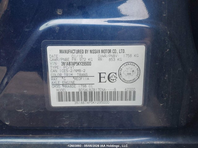 2019 Nissan Sentra S/sv/sr/sl მანქანა იყიდება აუქციონზე, vin: 3N1AB7AP5KY295000, აუქციონის ნომერი: 12603893