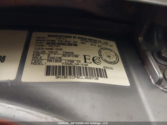 Продажа на аукционе авто 2012 Nissan Versa 1.8 S, vin: 3N1BC1CP6CL368708, номер лота: 12585243