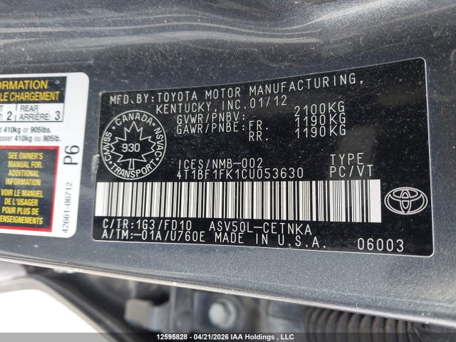 2012 Toyota Camry Le მანქანა იყიდება აუქციონზე, vin: 4T1BF1FK1CU053630, აუქციონის ნომერი: 12595828