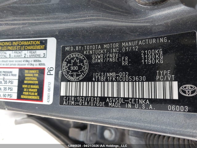 2012 Toyota Camry Le მანქანა იყიდება აუქციონზე, vin: 4T1BF1FK1CU053630, აუქციონის ნომერი: 12595828